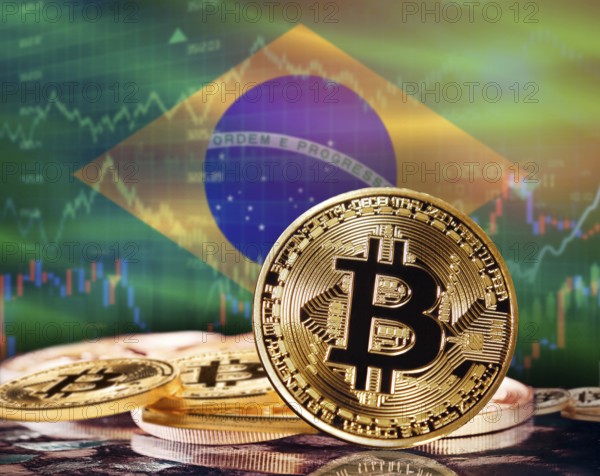 Bitcoin with Brazil flag in the background. Investors in cryptocurrency and Blockchain Technology in Brazil, Concept