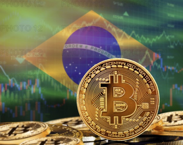 Investors in cryptocurrency and Blockchain Technology in Brazil, Concept. Bitcoin with Brazil flag in the background