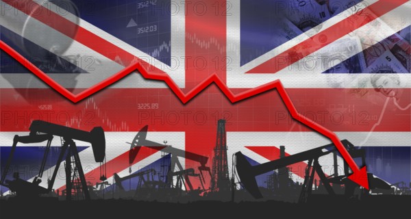 Fall oil price with flag of United Kingdom on economic chart, Petrol crisis with United Kingdom flag on financial graph
