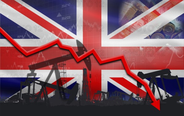 Petroleum crisis with United Kingdom flag on financial graph. Fall oil price with flag of United Kingdom on economic chart