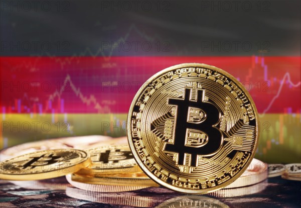 Bitcoin with Germany flag in the background. Investors in cryptocurrency and Blockchain Technology in Germany, Concept