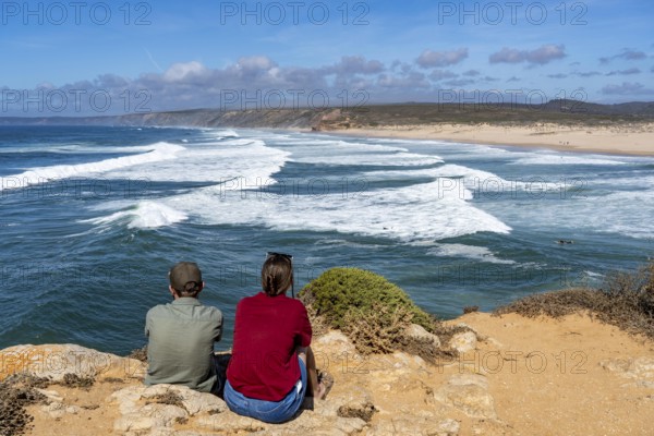 Viewpoint at Praia da Bordeira beach, near Carrapateira, popular with surfers, wave riders, rocky coast, steep coast in the south-west of the Algarve, Portugal