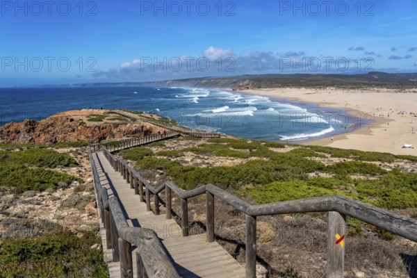 Viewpoint above the beach Praia da Bordeira, near Carrapateira, wooden walkway, rocky coast, steep coast in the south-west of the Algarve, Portugal