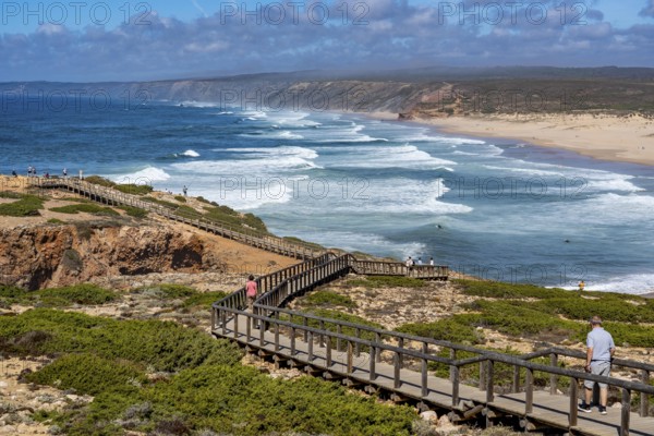 Viewpoint above the beach Praia da Bordeira, near Carrapateira, wooden walkway, rocky coast, steep coast in the south-west of the Algarve, Portugal