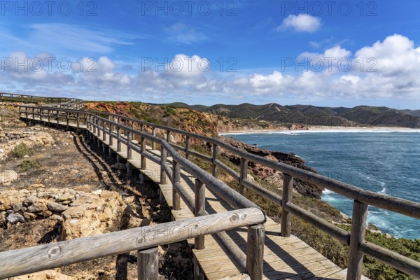 Viewpoint at Praia do Portinho do Forno, view of Praia do Amado beach near Carrapateira, popular with surfers, wave riders, rocky coast, cliffs in the south-west of the Algarve, Portugal