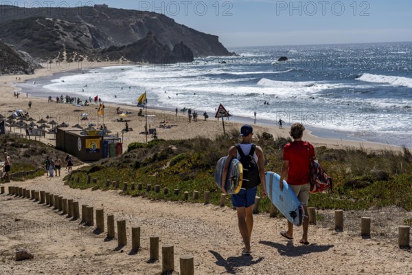 Praia do Amado beach near Carrapateira, popular with surfers, wave riders, rocky coast, steep coast in the south-west of the Algarve, Portugal