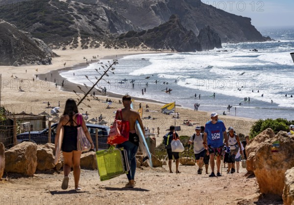 Praia do Amado beach near Carrapateira, popular with surfers, wave riders, rocky coast, steep coast in the south-west of the Algarve, Portugal