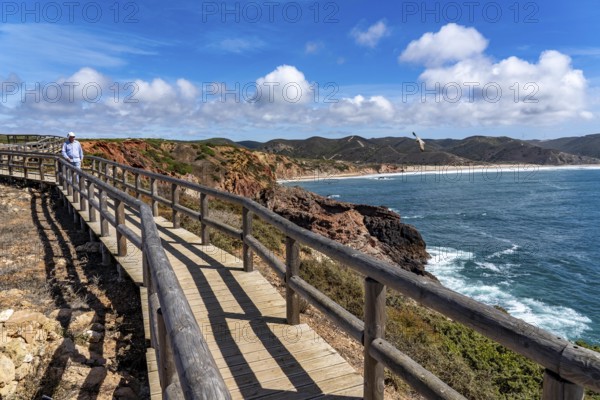 Viewpoint at Praia do Portinho do Forno, view of Praia do Amado beach near Carrapateira, popular with surfers, wave riders, rocky coast, cliffs in the south-west of the Algarve, Portugal