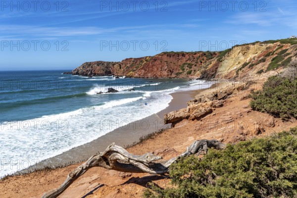 Praia do Amado beach near Carrapateira, popular with surfers, wave riders, rocky coast, steep coast in the south-west of the Algarve, Portugal