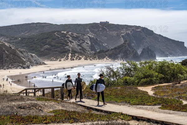 Praia do Amado beach near Carrapateira, popular with surfers, wave riders, rocky coast, steep coast in the south-west of the Algarve, Portugal