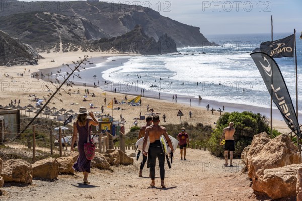 Praia do Amado beach near Carrapateira, popular with surfers, wave riders, rocky coast, steep coast in the south-west of the Algarve, Portugal