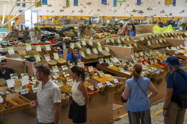 The Mercado Municipal de Tavira, market stalls of all kinds under one roof, spices, vegetables, fruit, in the Algarve, Portugal