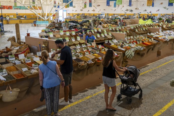 The Mercado Municipal de Tavira, market stalls of all kinds under one roof, spices, vegetables, fruit, in the Algarve, Portugal
