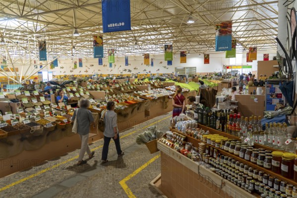 The Mercado Municipal de Tavira, market stalls of all kinds under one roof, spices, vegetables, fruit, in the Algarve, Portugal