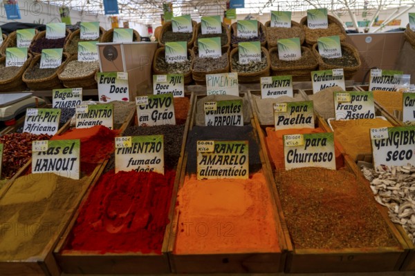 The Mercado Municipal de Tavira, market stalls of all kinds under one roof, spices, vegetables, fruit, in the Algarve, Portugal