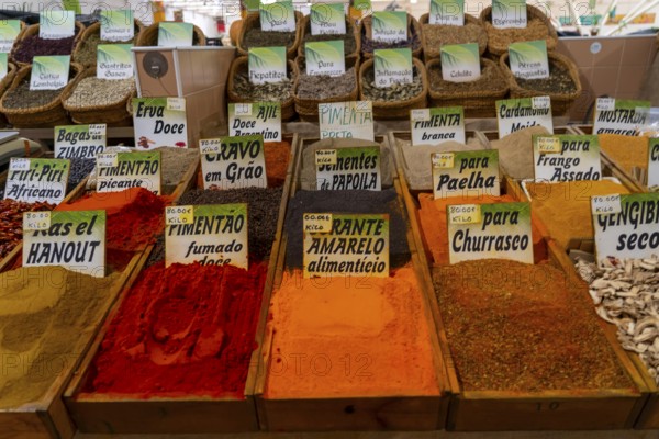 The Mercado Municipal de Tavira, market stalls of all kinds under one roof, spices, vegetables, fruit, in the Algarve, Portugal