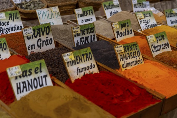 The Mercado Municipal de Tavira, market stalls of all kinds under one roof, spices, vegetables, fruit, in the Algarve, Portugal