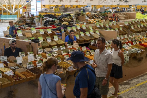 The Mercado Municipal de Tavira, market stalls of all kinds under one roof, spices, vegetables, fruit, in the Algarve, Portugal