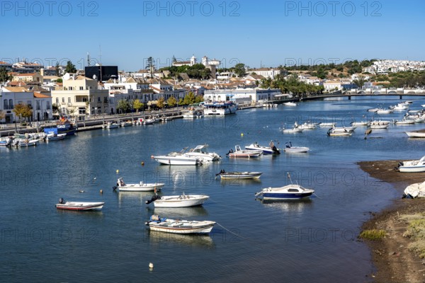 The old town centre of Tavira, on the Gilao river, boats, fishing boats, in the Algarve, Portugal