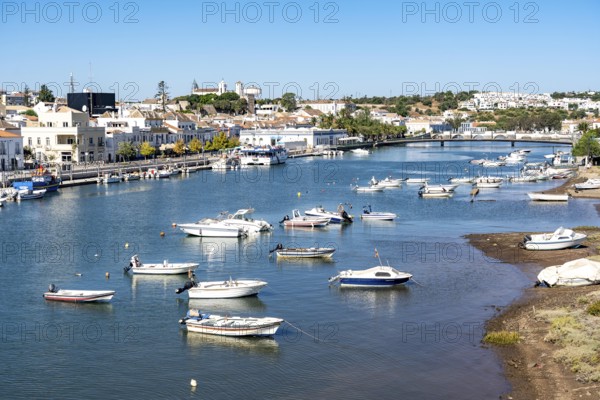 The old town centre of Tavira, on the Gilao river, boats, fishing boats, in the Algarve, Portugal