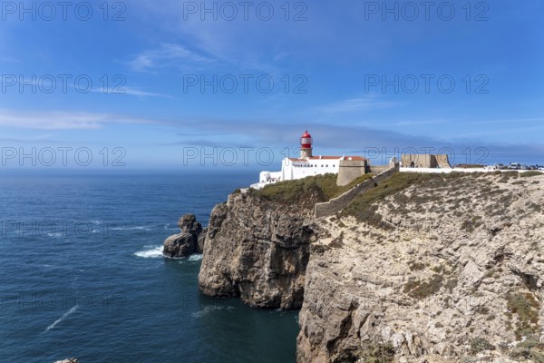 Cabo de São Vicente lighthouse, at the Cape Cabo de São Vicente, south-west tip of the European mainland, rocky coast, steep coast in the south-west of the Algarve, Portugal