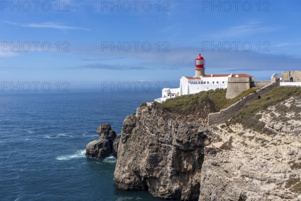 Cabo de São Vicente lighthouse, at the Cape Cabo de São Vicente, south-west tip of the European mainland, rocky coast, steep coast in the south-west of the Algarve, Portugal