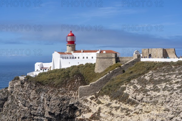 Cabo de São Vicente lighthouse, at the Cape Cabo de São Vicente, south-west tip of the European mainland, rocky coast, steep coast in the south-west of the Algarve, Portugal