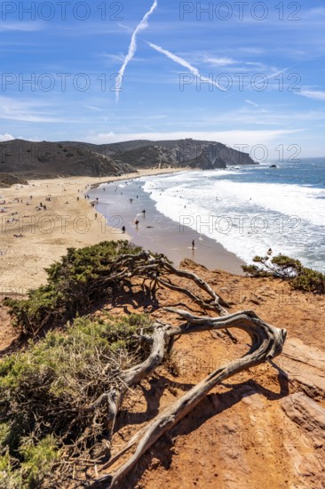 Praia do Amado beach near Carrapateira, popular with surfers, wave riders, rocky coast, steep coast in the south-west of the Algarve, Portugal