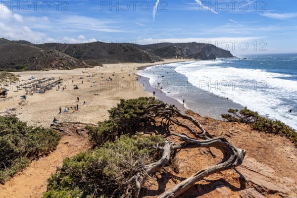 Praia do Amado beach near Carrapateira, popular with surfers, wave riders, rocky coast, steep coast in the south-west of the Algarve, Portugal