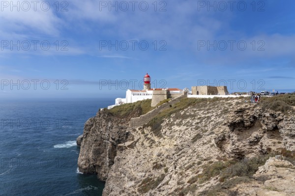 Cabo de São Vicente lighthouse, at the Cape Cabo de São Vicente, south-west tip of the European mainland, rocky coast, steep coast in the south-west of the Algarve, Portugal
