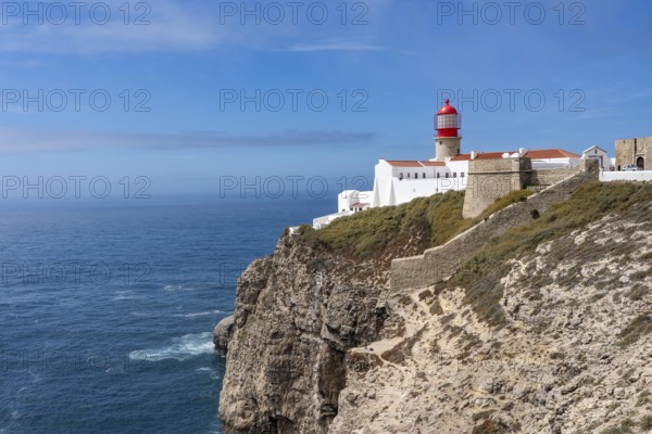 Cabo de São Vicente lighthouse, at the Cape Cabo de São Vicente, south-west tip of the European mainland, rocky coast, steep coast in the south-west of the Algarve, Portugal