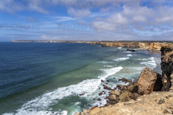 Rocky coast, cliffs in the south-west of the Algarve, near Sagres, Tonel Beach, beach, popular with surfers, Portugal