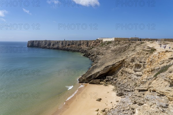 Rocky coast, cliffs in the south-west of the Algarve, near Sagres, old fortress Fortaleza de Sagres, museum, Portugal