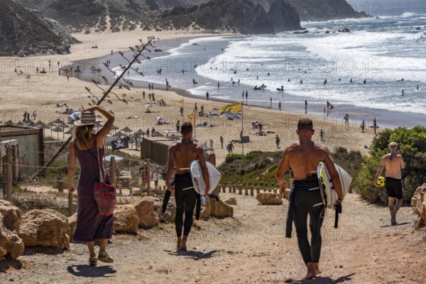 Praia do Amado beach near Carrapateira, popular with surfers, wave riders, rocky coast, steep coast in the south-west of the Algarve, Portugal
