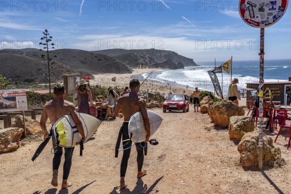 Praia do Amado beach near Carrapateira, popular with surfers, wave riders, rocky coast, steep coast in the south-west of the Algarve, Portugal