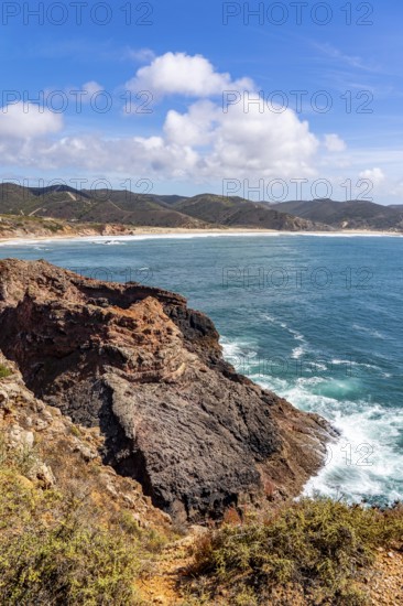 Praia do Amado beach near Carrapateira, popular with surfers, wave riders, rocky coast, steep coast in the south-west of the Algarve, Portugal