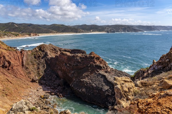 Praia do Amado beach near Carrapateira, popular with surfers, wave riders, rocky coast, steep coast in the south-west of the Algarve, Portugal