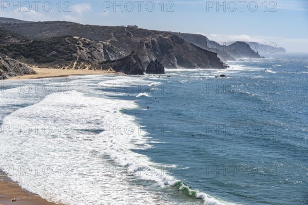 Praia do Amado beach near Carrapateira, popular with surfers, wave riders, rocky coast, steep coast in the south-west of the Algarve, Portugal