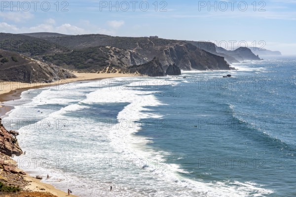 Praia do Amado beach near Carrapateira, popular with surfers, wave riders, rocky coast, steep coast in the south-west of the Algarve, Portugal