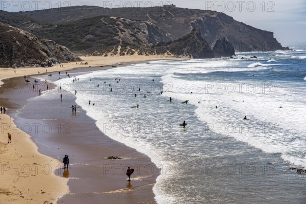 Praia do Amado beach near Carrapateira, popular with surfers, wave riders, rocky coast, steep coast in the south-west of the Algarve, Portugal