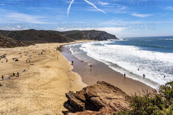 Praia do Amado beach near Carrapateira, popular with surfers, wave riders, rocky coast, steep coast in the south-west of the Algarve, Portugal