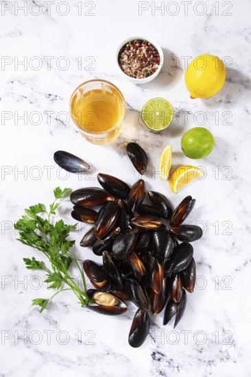 Fresh mussels scattered on the table, with ingredients, lemon and herbs, white wine, top view, light background, no people