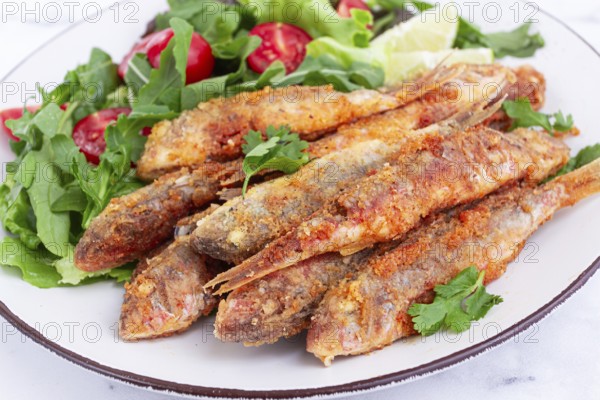 Fried crispy mullet fish, with fresh salad, on a plate with lime, no people