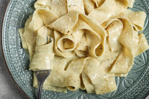 Pasta papardelle in creamy garlic sauce, traditional Italian cuisine, pasta carbonara, homemade, no people
