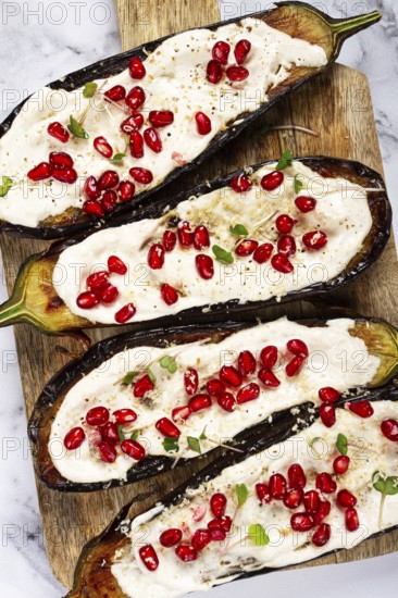 Fried eggplant with sauce, decorated with microgreens and pomegranate seeds, eggplant appetizer, top view, homemade, no people