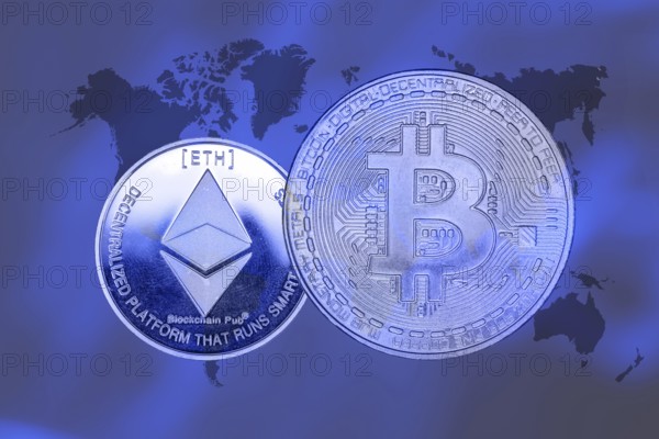 (Photomontage) Cryptocurrencies: Symbolic Bitcoin and Ethereum, cropped in front of a world map