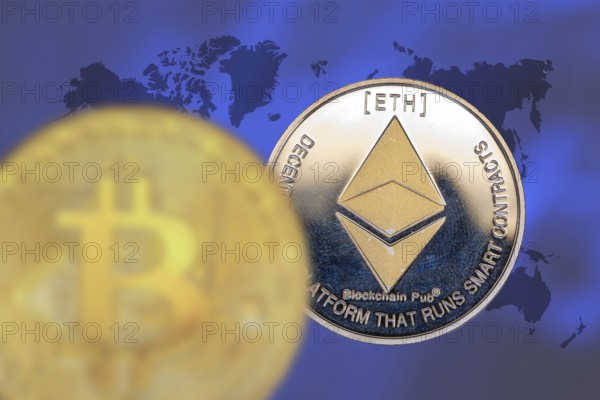 (Photomontage) Cryptocurrencies: Symbolic Bitcoin and Ethereum, cropped in front of a world map