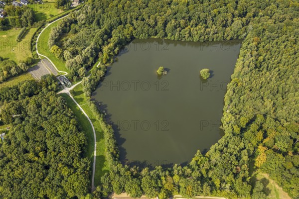 Aerial view, Rotbachsee in the forest, Oberlohberg, Dinslaken, Ruhr area, North Rhine-Westphalia, Germany, DE, Europe, Hanseatic city, aerial view, aerial photography, aerial photography, Lower Rhine, lake, overview, bird's eye view, forest area, birds-eyes view, overview
