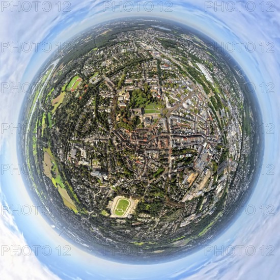 Aerial view, municipal park and castle Dinslaken with town hall, below the former harness racing track, globe, fisheye image, 360 degree image, tiny world, little planet, fisheye image, Dinslaken, Ruhr area, North Rhine-Westphalia, Germany, DE, Europe, fisheye lens, fisheye lens, Little Planet, aerial photography, aerial photography, aerial photography, Lower Rhine, sports facility, super wide angle lens, Tiny World, overview, bird's eye view, globe, birds-eyes view, fisheye lens, insta360 camera, overview