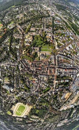 Aerial view, municipal park and castle Dinslaken with town hall, below the former harness racing track, globe, fisheye image, 360 degree image, tiny world, little planet, fisheye image, Dinslaken, Ruhr area, North Rhine-Westphalia, Germany, DE, Europe, fisheye lens, fisheye lens, Little Planet, aerial photography, aerial photography, aerial photography, Lower Rhine, sports facility, super wide angle lens, Tiny World, overview, bird's eye view, globe, birds-eyes view, fisheye lens, insta360 camera, overview